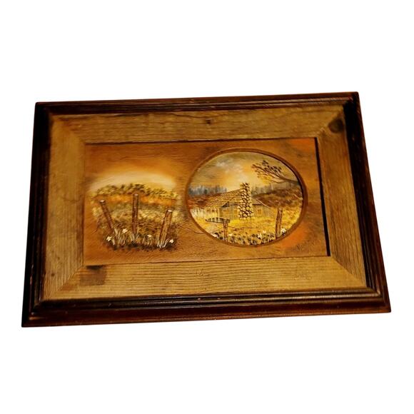 Vtg 70 Rustic Carved Framed Cabin Farmhouse Landscape Artist Signed Oil Painting - Picture 1 of 8